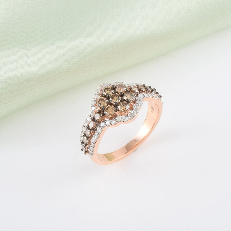 14k Rose Gold Brown Diamond Ring, Natural White Diamond Unique Ring, Diamond Women's Jewelry, Gift For Her image 2