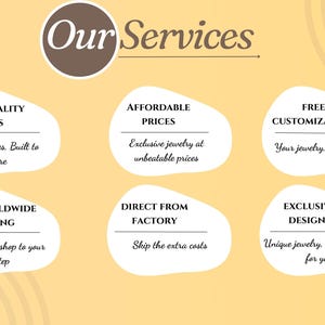May include: A graphic with the text "Our Services" and six service descriptions. These include "High Quality Pieces," "Affordable Prices," "Free Customization," "Free Worldwide Shipping," "Direct From Factory," and "Exclusive Designs."