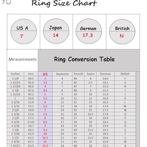 Pode incluir: Tabela de convers&atilde;o de tamanhos de an&eacute;is mostrando os tamanhos de an&eacute;is dos EUA, Jap&atilde;o, Fran&ccedil;a, Su&iacute;&ccedil;a, Alemanha e Reino Unido com as medidas correspondentes em polegadas e mil&iacute;metros.