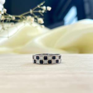 14k Gold Chess Ring , Black & White Checkerboard Rings, 14K Gold Enamel Band Ring Thick Band Ring, Couple Band, Chess lover Ring, Chess Ring