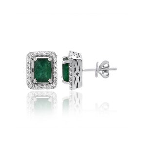 14k White Gold Diamond Earrings, Natural Gemstone Dainty Earrings, Emerald Square Shape Earrings, Gift For Women, Women's Jewelry image 1