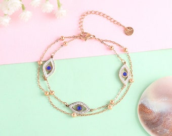 Double Layer Chain Bracelet - Three Evileye Bracelet - Dot Chain Bracelet - Blue Stone and Diamond Bracelet - Gift for Women's Girls