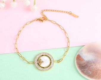Double Circle Bracelet - Paper clip Bracelet - Cubic Zirconia Diamond Bracelet - Mother of Pearl Bracelet - Women's Jewelry - Gift For Her