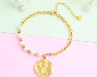 Gold Coin Charm Bracelet - Pearl Golden Paperclip Spliced Bracelet - Gold Plated Bracelet - Beads and chain Bracelet -  Gift For Her