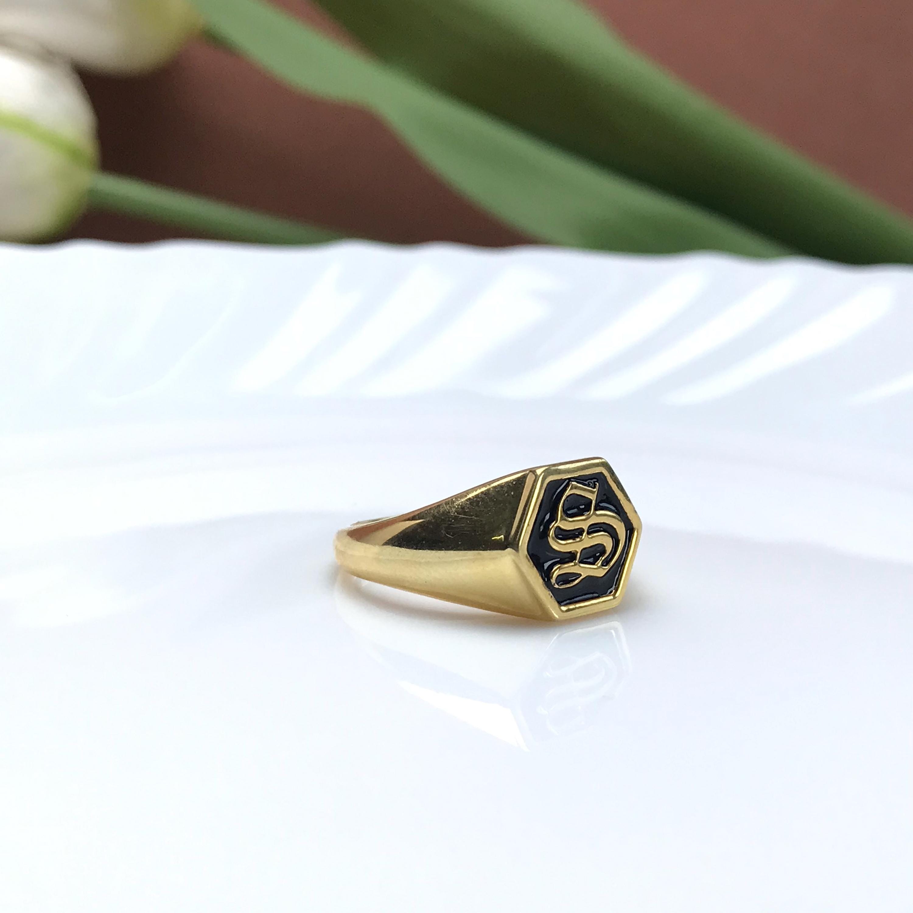 Custom Initial Sterling Silver Signet Ring, Black Enamel Signet Ring, Monogram Ring for Men and Women Ring, Gold Initial Ring, Initial Ring