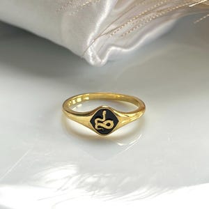May include: A gold signet ring featuring a black enamel inlay on the face. The centre of the black inlay displays a small, raised gold snake motif. The band is polished gold, and the ring has a smooth, rounded profile throughout its design.