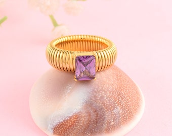 Amethyst Gemstone Ring | Gold Plated Ring | Square Shaped Ring | Solitaire Gemstone Ring | Women's Jewelry | Wedding Ring | Gift for Her