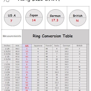 May include: Ring size conversion chart with US, Japanese, German, and British ring sizes. Includes measurements in inches and millimeters, with corresponding ring sizes for each system. US size 7 equals Japanese 14, German 17.3, and British N.