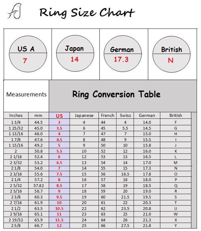 May include: Ring size conversion chart with US, Japanese, German, and British ring sizes. Includes measurements in inches and millimeters, with corresponding ring sizes for each system. US size 7 equals Japanese 14, German 17.3, and British N.