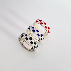 Red and White, Blue and White, Black and White Checkerboard Rings, 925 Silver Band Ring, Couple Band, Chess lover Ring, Chess Rings ||