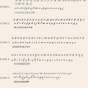 May include: Six different font options for a calligraphy style font. Each font option includes uppercase and lowercase letters, as well as numbers 0-9. The fonts are all in a cursive style.