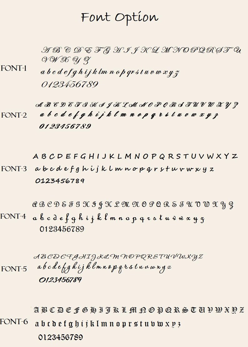 May include: Six different font options for a calligraphy style font. Each font option includes uppercase and lowercase letters, as well as numbers 0-9. The fonts are all in a cursive style.