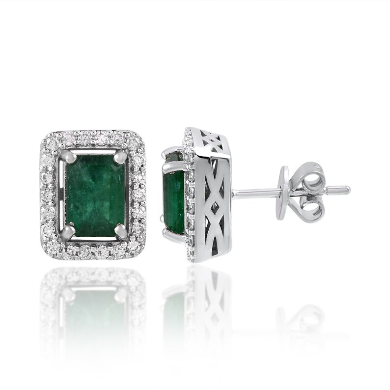 14k White Gold Diamond Earrings, Natural Gemstone Dainty Earrings, Emerald Square Shape Earrings, Gift For Women, Women's Jewelry image 2