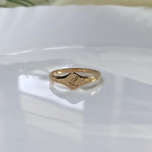 May include: A gold signet ring with a raised oval top featuring the letter "L" engraved on it.