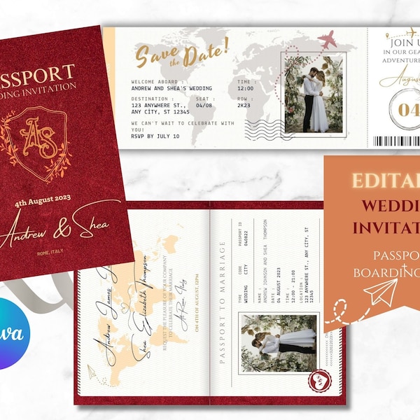 Passport Wedding Invitation & Boarding Pass Bundle (Red) - Editable Digital Canva Template