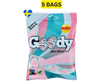 5 Beutel GOODY Sour Raspberry - Blueberry Bubs, Bubs Sour Candy, schwedische Süßigkeiten, Godis, schwedische Süßigkeiten, Schweden, Geschenke, 90g (3,1 Oz) pro Beutel