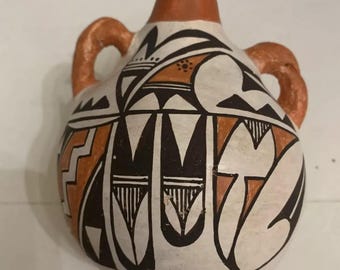 Acoma Pueblo Indian Pottery Double Handled Slanted Canteen Signed C. Garcia NM