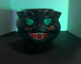 1930s Paper Mache Black Cat Halloween Candy Holder