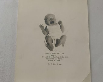 Rare 1937 Charles Edwin Bell Birth Announcement