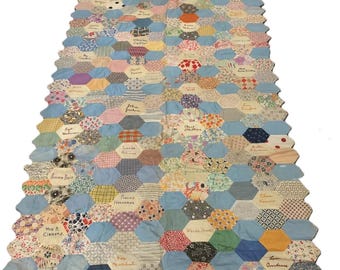 Antique Handmade Quilt Top Family Tree? Many Names 35&quot; x 75&quot;