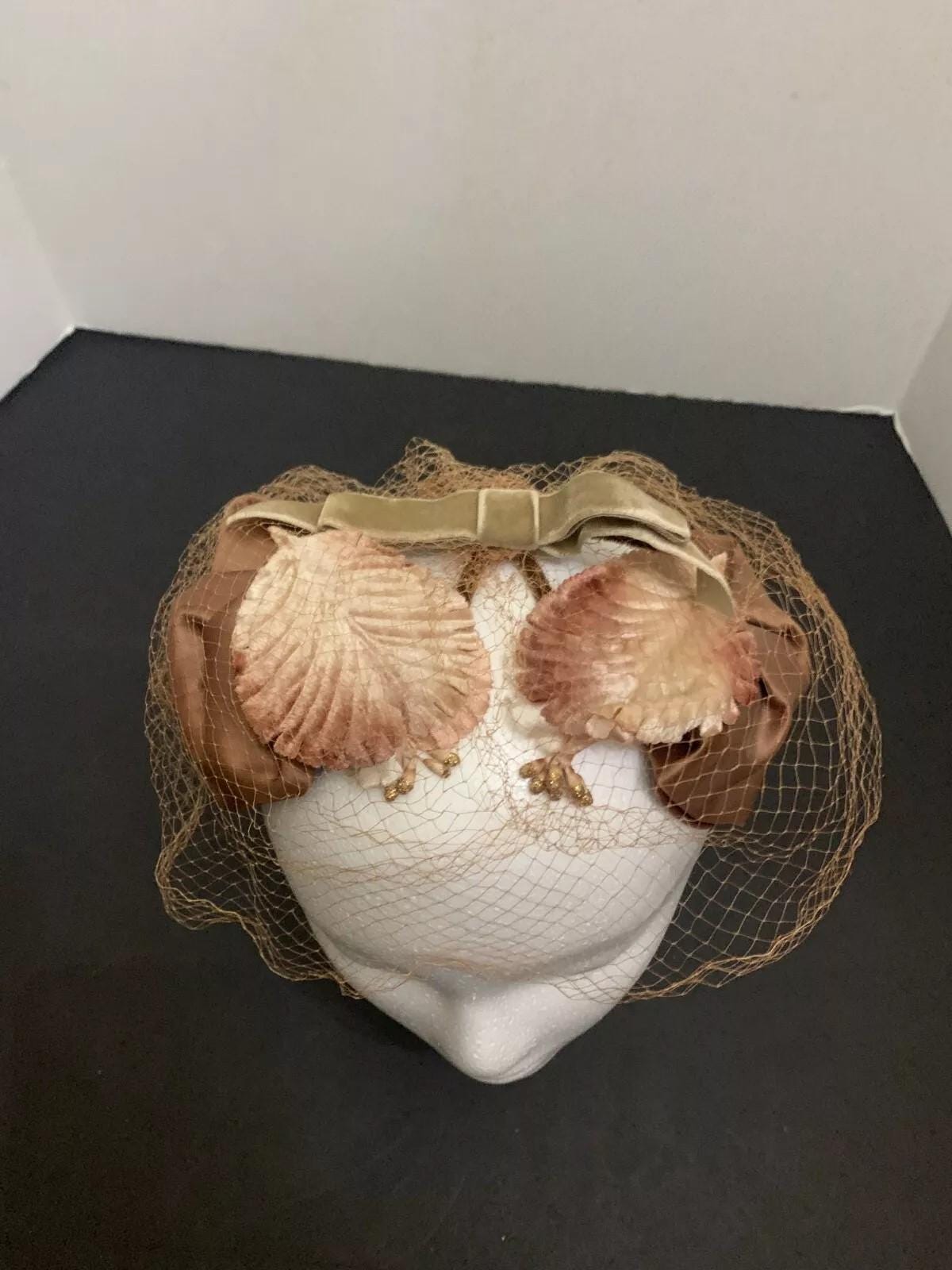 vintage 1950s beige velvet hat gold and green leaves twisted 50s headpiece fall Vintage 1950 main image 3