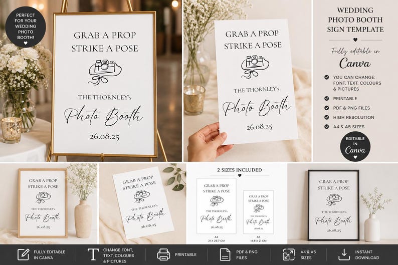 Editable Wedding Photo Booth Sign Template, Modern Reception Decor ...