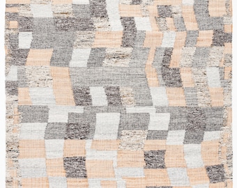 May include: A rectangular rug featuring a geometric design of grey, beige, and white squares. The rug has a textured finish and is trimmed with tassels. The modern design is suitable for various interior styles. The rug's dimensions are in centimetres.