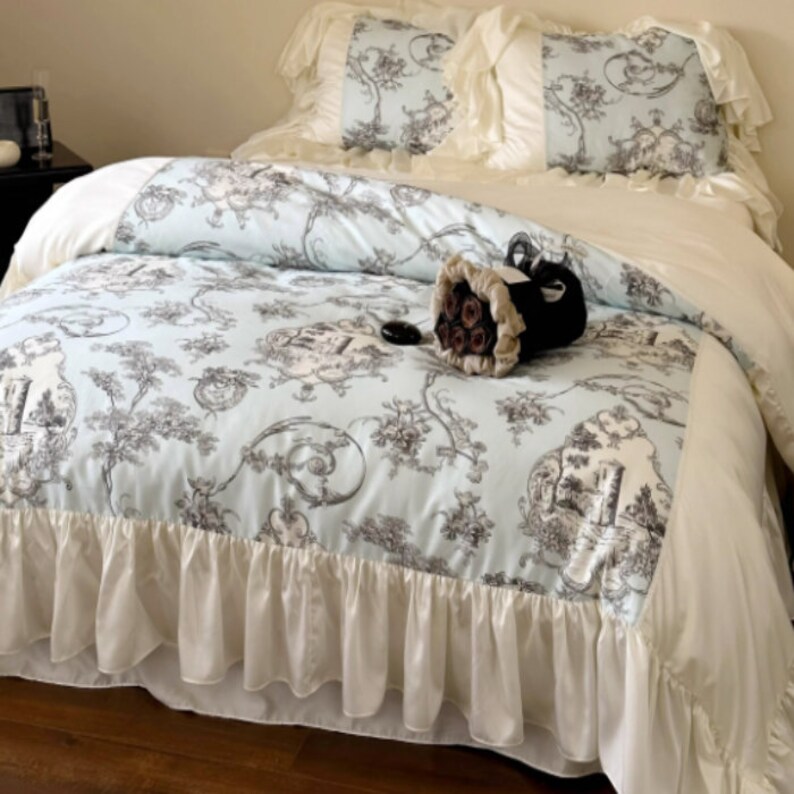 Rome Vintage Style Floral Embroidery Ruffle 100s Cotton Duvet Cover Set