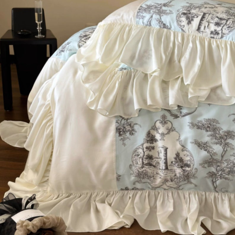 Rome Vintage Style Floral Embroidery Ruffle 100s Cotton Duvet Cover Set