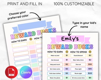 Editable Kids Reward Bucks, Chore Chart, Printable Mom Money (Canva & PDF)