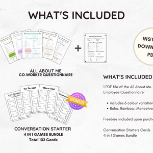May include: A digital download product for team building activities. The product includes a "What's Included" section with a list of items, including a co-worker questionnaire, conversation starter cards, and a 4-in-1 games bundle. The product is available in six color variations: Boho, Rainbow, and Monochrome.