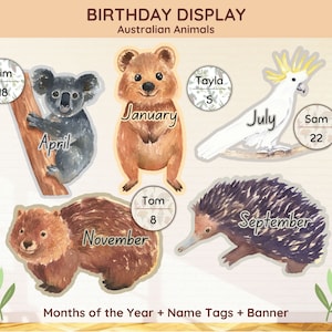 Bulletinboardset verjaardag Australische dieren | Bewerkbare prikborden Australische verjaardagsweergave Australisch klaslokaaldecoratie+naamkaartjes
