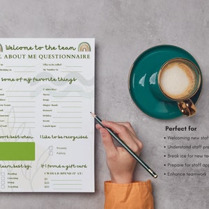 May include: A printable "Welcome to the team" questionnaire with a green and brown watercolor background. The questionnaire asks questions about favorite things, work style, and learning preferences. It also includes a section for a gift card amount.