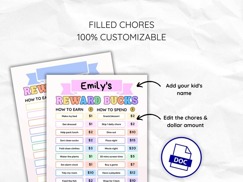 Editable Kids Reward Bucks, Printable Chore Chart (word Document) - Etsy