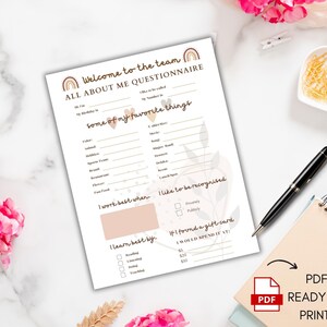 May include: A printable PDF worksheet with a rainbow design and the text "Welcome to the team All About Me Questionnaire". The worksheet includes questions about favorite things, work style, and learning preferences.