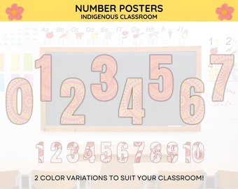 May include: Two sets of number posters featuring Indigenous Australian art designs. The first set has numbers 0-7 in a pink and yellow color scheme. The second set has numbers 1-10 in a white outline with a pink and yellow interior.