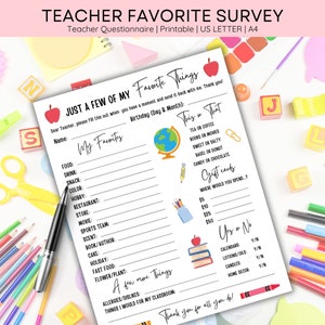 Teacher Survey Teacher Favorite Things Printable, Teacher Favorites Questionnaire Teacher Appreciation, Get To Know Me, All About My Teacher