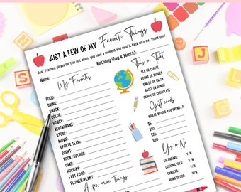 Teacher Favorite Things Survey, Printable Questionnaire (PDF)