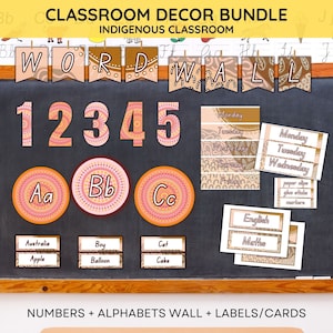 PAQUETE de decoración del aula indígena / Alfabetos Pared de palabras + Carteles de números / Paquete de etiquetas y signos del aula / Documentos de Word editables