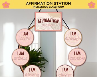 May include: A pink and gold affirmation station with the words "Affirmation Station" and "Indigenous Classroom" at the top. The station has a mirror with six pink and gold circles around it, each with an affirmation written on it. The affirmations are "I am loved", "I am unique", "I am strong", "I am clever", "I am enough", and "I am capable".