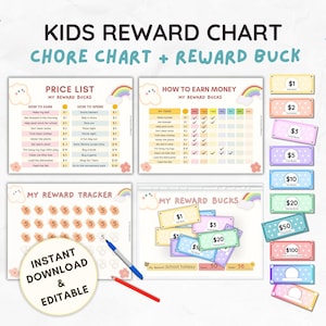 Editable Kids Reward Bucks PRINTABLE Reward Chart for Kids Reward Coupons Chore Chart Bucks Reward System Responsibility Chart Play Money