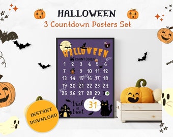 Halloween Countdown Printable 31 Days Kids Advent Calendar Homeschool Activity Fall Classroom Decor Countdown to Halloween Poster Set of 3
