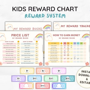 Editable Kids Reward Chart How To Earn Money Chore Chart for Kids Reward System Reward Tracker Play Money Daily Checklist My Reward Bucks