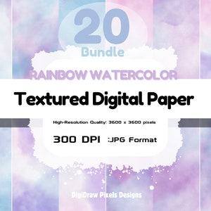 20 Rainbow Watercolor Texture Papers| Digital Paper |  Instant Download | Pastel Watercolor | Scrapbook Print | Printable Paper |Digital Art