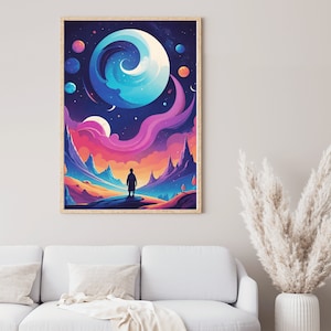 Mysterious Space Man Portrait | Alien Planet | Whimsical Moons in Cosmic Nebula| Vibrant Cosmic Print |Galaxy Home Decor | Stunning Wall Art