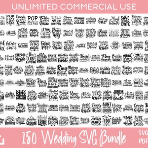 150 pacchetti SVG di citazioni di matrimonio, SVG sposa, SVG sposo, SVG appena sposati per design Cricut e Silhouette, design a sublimazione, incisi al laser