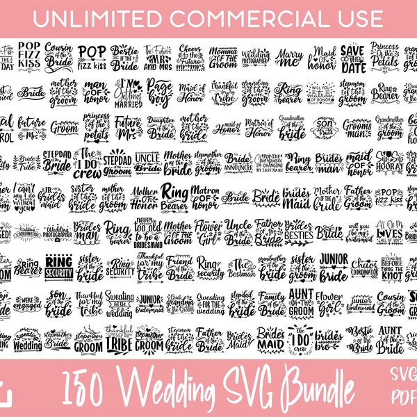 150 Citations de mariage SVG bundle, Bride SVG, Groom SVG, Just Married svg pour les designs Cricut & Silhouette, designs de sublimation, gravés au laser