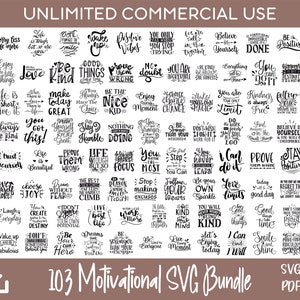 103 bundle SVG di citazioni motivazionali, SVG ispiratori, SVG positivi per design Cricut e Silhouette, design a sublimazione, incisi al laser