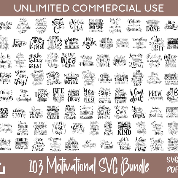 Lot de 103 citations motivantes SVG, SVG inspirant, SVG positif pour Cricut & Silhouette, designs par sublimation, gravés au laser