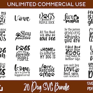 20 Dog Quotes SVG Bundle, clipart di cani, SVG per animali domestici, per progetti Cricut e Silhouette, progetti di sublimazione, incisi al laser